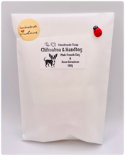 Load image into Gallery viewer, Handmade vegan soaps featuring a chihuahua peeping out of a handbag packaged in beautiful eco friendly packaging. crafted with natural French clays, activated charcoal and essential oils. a eco-friendly, zero waste gift thatās cruelty-free, skin-nourishing, the perfect gift for dog lovers or animal lovers. small business UK