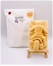 Load image into Gallery viewer, Handmade vegan soaps featuring a biker riding their motorcycle in to the sunset wearing a biker jacket. crafted with natural French clays, activated charcoal and essential oils. a eco-friendly, zero waste gift that’s cruelty-free, skin-nourishing, and perfect for motorbike lovers and gifts for him. Small business UK
