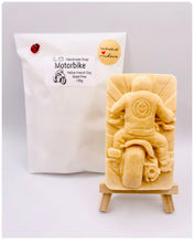Load image into Gallery viewer, Handmade vegan soaps featuring a biker riding their motorcycle in to the sunset wearing a biker jacket. crafted with natural French clays, activated charcoal and essential oils. a eco-friendly, zero waste gift that’s cruelty-free, skin-nourishing, and perfect for motorbike lovers and gifts for him. Small business UK