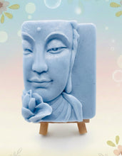 Load image into Gallery viewer, Handmade vegan soaps featuring a beautiful buddha and lotus flower and wrapped in beautiful eco friendly packaging crafted with natural French clays, activated charcoal and essential oils. a eco-friendly, zero waste gift that’s cruelty-free, skin-nourishing, and perfect gift for buddha lovers. small business UK