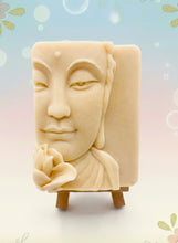 Load image into Gallery viewer, Handmade vegan soaps featuring a beautiful buddha and lotus flower and wrapped in beautiful eco friendly packaging crafted with natural French clays, activated charcoal and essential oils. a eco-friendly, zero waste gift that’s cruelty-free, skin-nourishing, and perfect gift for buddha lovers. small business UK