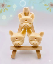 Load image into Gallery viewer, Handmade vegan soap featuring a set of french bulldog faces wearing sunglasses and gift boxed in beautiful eco friendly packaging. crafted with natural French clays, activated charcoal and essential oils. a eco-friendly, zero waste gift that’s cruelty-free, skin-nourishing, and perfect for frenchie owners, dog lovers and animal themed gifts. Small business UK