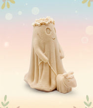 Load image into Gallery viewer, handmade vegan soap featuring a ghost with a flower crown walking a small dog, set against a soft pastel background for a whimsical farmhouse decor touch.