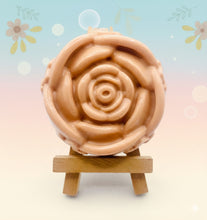 Load image into Gallery viewer, Handmade vegan soaps featuring a detailed rose flower. crafted with natural French clays, activated charcoal and essential oils. a eco-friendly, zero waste gift that’s cruelty-free, skin-nourishing, and perfect for friendship gifts and Mother’s Day. Small business UK