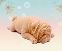 Load image into Gallery viewer, Handmade vegan soap featuring sleepy pug lying down and packed in beautiful eco friendly packaging. crafted with natural French clays, activated charcoal and essential oils. a eco-friendly, zero waste gift that’s cruelty-free, skin-nourishing, and perfect for pug owners, dog lovers or animal themed gifts. Small business UK