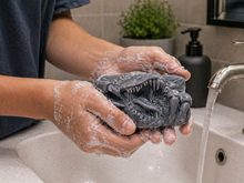 Load image into Gallery viewer, Person washing with dinosaur charcoal soap bar with foam in a sink.