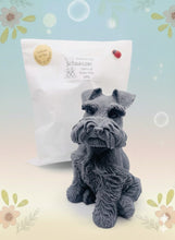 Load image into Gallery viewer, Handmade vegan soaps featuring a large schnauzer dog, in beautiful eco friendly packaging. crafted with natural French clays, activated charcoal and essential oils. a eco-friendly, zero waste gift that’s cruelty-free, skin-nourishing, the perfect gift for dog lovers and animal lovers. small business UK