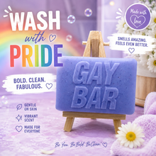 Load image into Gallery viewer, A rectangular handmade vegan soap featuring the words "GAY BAR" in large, bold, 3D block lettering, displayed on a miniature wooden easel.