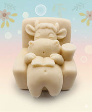 Load image into Gallery viewer, Handmade vegan cow sleeping on the sofa with book and coffee, shaped vegan soaps gift boxed. crafted with natural French clays, activated charcoal and essential oils. a eco-friendly, zero waste gift that’s cruelty-free, skin-nourishing, and perfect for animal lovers and gifting. small business UK