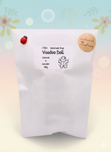 Load image into Gallery viewer, Handmade vegan soaps featuring a voodoo doll with stitching soap. crafted with natural French clays, activated charcoal and essential oils. a eco-friendly, zero waste gift that’s cruelty-free, skin-nourishing, and perfect for alternative gifts and Halloween gifts. Small business UK