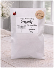 Load image into Gallery viewer, Handmade soap packaging with dragonfly design and text on a white background