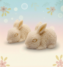 Load image into Gallery viewer, Handmade vegan soaps featuring a set of two detailed rabbit soaps, beautifully gift boxed in eco friendly packaging. crafted with natural French clays, activated charcoal and essential oils. a eco-friendly, zero waste gift that’s cruelty-free, skin-nourishing, and perfect for rabbit owners gifts and Mother’s Day. Small business UK