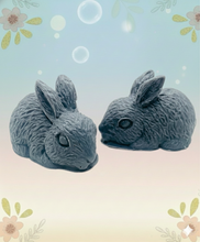 Load image into Gallery viewer, Handmade vegan soaps featuring a set of two detailed rabbit soaps, beautifully gift boxed in eco friendly packaging. crafted with natural French clays, activated charcoal and essential oils. a eco-friendly, zero waste gift that’s cruelty-free, skin-nourishing, and perfect for rabbit owners gifts and Mother’s Day. Small business UK