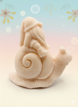 Load image into Gallery viewer, Handmade vegan soaps featuring a detailed snail with a gnome catching a ride on his back soap. crafted with natural French clays, activated charcoal and essential oils. a eco-friendly, zero waste gift that’s cruelty-free, skin-nourishing, and perfect for turtle lovers and gnome lover gifts. small business UK