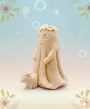 Load image into Gallery viewer, handmade vegan soap featuring a ghost with a flower crown walking a small dog, set against a soft pastel background for a whimsical farmhouse decor touch.