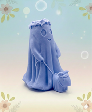 Load image into Gallery viewer, handmade vegan soap featuring a ghost with a flower crown walking a small dog, set against a soft pastel background for a whimsical farmhouse decor touch.