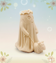 Load image into Gallery viewer, handmade vegan soap featuring a ghost with a flower crown walking a small dog, set against a soft pastel background for a whimsical farmhouse decor touch.