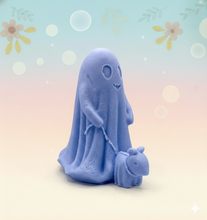 Load image into Gallery viewer, handmade vegan soap featuring a smiling ghost walking a small dog on a lead,