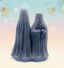 Load image into Gallery viewer, handmade vegan soap featuring a ghostly bride with a bouquet and a groom, a unique farmhouse decor wedding or anniversary gift