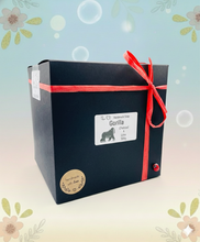 Load image into Gallery viewer, Handmade vegan soaps featuring a huge detailed gorilla soap gift boxed in beautiful eco friendly packaging crafted with natural French clays, activated charcoal and essential oils. a eco-friendly, zero waste gift that’s cruelty-free, skin-nourishing, and perfect for gorilla lovers, gifts for him and animal themed gifts. small business UK