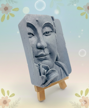 Load image into Gallery viewer, Handmade vegan soaps featuring a beautiful buddha and lotus flower and wrapped in beautiful eco friendly packaging crafted with natural French clays, activated charcoal and essential oils. a eco-friendly, zero waste gift that’s cruelty-free, skin-nourishing, and perfect gift for buddha lovers. small business UK