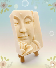 Load image into Gallery viewer, Handmade vegan soaps featuring a beautiful buddha and lotus flower and wrapped in beautiful eco friendly packaging crafted with natural French clays, activated charcoal and essential oils. a eco-friendly, zero waste gift that’s cruelty-free, skin-nourishing, and perfect gift for buddha lovers. small business UK