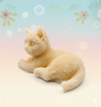 Load image into Gallery viewer, Handmade vegan soaps featuring a lazy cat, in beautiful eco friendly packaging. crafted with natural French clays, activated charcoal and essential oils. a eco-friendly, zero waste gift that’s cruelty-free, skin-nourishing, the perfect gift for cat lovers or for animal lovers. small business UK
