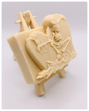 Load image into Gallery viewer, Handmade vegan soaps featuring a skeleton dancing on his RIP grave. crafted with natural French clays, activated charcoal and essential oils. a eco-friendly, zero waste gift that’s cruelty-free, skin-nourishing, and perfect for skull lovers and Halloween gifting . Small business UK