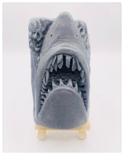 Load image into Gallery viewer, Handmade vegan soaps featuring a shark with his mouth open and jagged teeth showing . gift boxed in beautiful eco friendly packaging. crafted with natural French clays, activated charcoal and essential oils. a eco-friendly, zero waste gift that’s cruelty-free, skin-nourishing, the perfect gift for shark lovers and animal lovers. UK Small Business