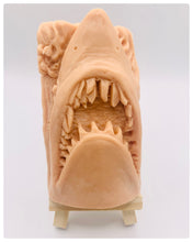 Load image into Gallery viewer, Handmade vegan soaps featuring a shark with his mouth open and jagged teeth showing . gift boxed in beautiful eco friendly packaging. crafted with natural French clays, activated charcoal and essential oils. a eco-friendly, zero waste gift that’s cruelty-free, skin-nourishing, the perfect gift for shark lovers and animal lovers. UK Small Business