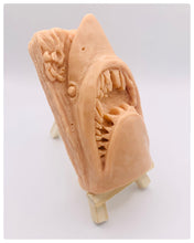 Load image into Gallery viewer, Handmade vegan soaps featuring a shark with his mouth open and jagged teeth showing . gift boxed in beautiful eco friendly packaging. crafted with natural French clays, activated charcoal and essential oils. a eco-friendly, zero waste gift that’s cruelty-free, skin-nourishing, the perfect gift for shark lovers and animal lovers. UK Small Business