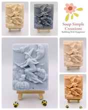 Load image into Gallery viewer, Handmade vegan soaps featuring a witch flying on her broomstick. crafted with natural French clays, activated charcoal and essential oils. a eco-friendly, zero waste gift thatās cruelty-free, skin-nourishing, and perfect for witch gifts and Halloween gifts. Small business UK