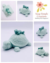 Load image into Gallery viewer, turtle frog soap, handmade animal soap, vegan soap for kids, nature themed soap, eco-friendly animal soap, SLS free kids soap, cruelty free soap bar, frog shaped soap, turtle shaped soap, cute soap gift, natural soap UK, handcrafted vegan soap, wildlife soap gift, bath gift for children, palm oil free soap