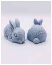 Load image into Gallery viewer, Handmade vegan soaps featuring a set of two detailed rabbit soaps, beautifully gift boxed in eco friendly packaging. crafted with natural French clays, activated charcoal and essential oils. a eco-friendly, zero waste gift that’s cruelty-free, skin-nourishing, and perfect for rabbit owners gifts and Mother’s Day. Small business UK
