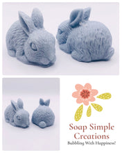 Load image into Gallery viewer, Handmade vegan soaps featuring a set of two detailed rabbit soaps, beautifully gift boxed in eco friendly packaging. crafted with natural French clays, activated charcoal and essential oils. a eco-friendly, zero waste gift that’s cruelty-free, skin-nourishing, and perfect for rabbit owners gifts and Mother’s Day. Small business UK