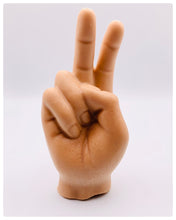 Load image into Gallery viewer, Handmade vegan soap featuring a hand in the peace finger gesture packed in beautiful eco friendly packaging. crafted with natural French clays, activated charcoal and essential oils. a eco-friendly, zero waste gift that’s cruelty-free, skin-nourishing, and perfect for novelty gift lovers or themed gifts. Small business UK