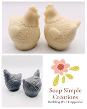 Load image into Gallery viewer, Handmade vegan chicken shaped vegan soaps, set of 2, gift boxed in beautiful eco friendly packaging. crafted with natural French clays, activated charcoal and essential oils. a eco-friendly, zero waste gift that’s cruelty-free, skin-nourishing, and perfect for animal lovers. Small Business UK