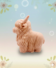 Load image into Gallery viewer, Handmade vegan soaps featuring a large detailed highland cow. crafted with natural French clays, activated charcoal and essential oils. a eco-friendly, zero waste gift that’s cruelty-free, skin-nourishing, and perfect for highland coo lovers and animal themed gifts. small business UK