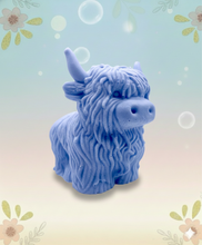 Load image into Gallery viewer, Handmade vegan soaps featuring a large detailed highland cow. crafted with natural French clays, activated charcoal and essential oils. a eco-friendly, zero waste gift that’s cruelty-free, skin-nourishing, and perfect for highland coo lovers and animal themed gifts. small business UK