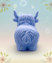 Load image into Gallery viewer, Handmade vegan soaps featuring a large detailed highland cow. crafted with natural French clays, activated charcoal and essential oils. a eco-friendly, zero waste gift that’s cruelty-free, skin-nourishing, and perfect for highland coo lovers and animal themed gifts. small business UK
