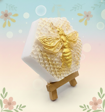 Load image into Gallery viewer, Handmade vegan soap with a gold bee and honeycomb design