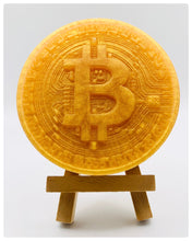 Load image into Gallery viewer, Handmade chunky vegan soap shaped as a golden Bitcoin. perfect crypto gift and gifts for him. Small Business UK