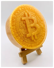Load image into Gallery viewer, Handmade chunky vegan soap shaped as a golden Bitcoin. perfect crypto gift and gifts for him. Small Business UK