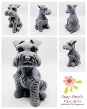 Load image into Gallery viewer, Handmade vegan soaps featuring a large schnauzer dog, in beautiful eco friendly packaging. crafted with natural French clays, activated charcoal and essential oils. a eco-friendly, zero waste gift that’s cruelty-free, skin-nourishing, the perfect gift for dog lovers and animal lovers. small business UK