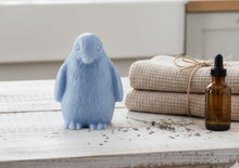 Load image into Gallery viewer, Blue vegan soap in the shape of an adorable penguin