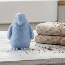 Load image into Gallery viewer, Blue vegan soap in the shape of an adorable penguin