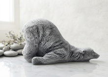 Load image into Gallery viewer, Huge highly detailed polar bear shaped vegan bar soap, handmade and resting on a rustic wooden table with floral backdrop - ideal sustainable gift idea for animal lovers