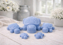 Load image into Gallery viewer, Handmade vegan soaps featuring a set of 5 turtle family soaps and gift boxed in beautiful eco friendly packaging