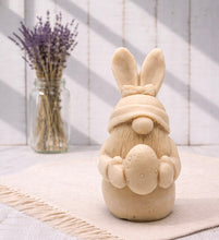 Load image into Gallery viewer, Handmade vegan soaps featuring a gorgeous gnome with easter bunny ears, holding his easter egg packaged in beautiful eco friendly packaging.