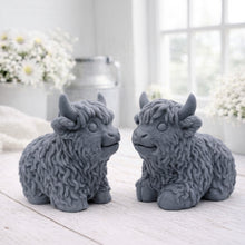 Load image into Gallery viewer, A highly detailed handmade vegan soap sculpted in the shape of a highland cow with long, flowing fur texture, a sweet face with a large snout, and prominent horns, displayed on a light wooden surface in a bright farmhouse setting.